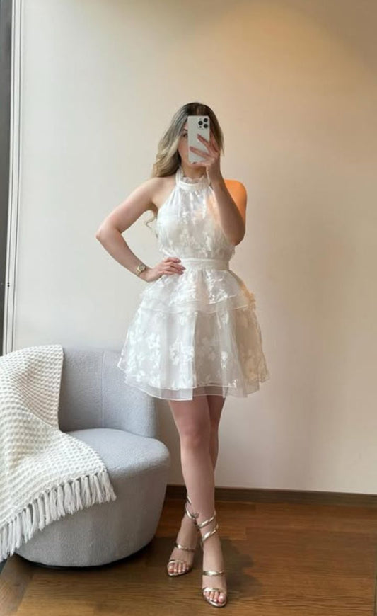 Fancy Ball Gown Halter White Lace Mini Senior Inspo Short Party Formal Homecoming Dresses RB3005