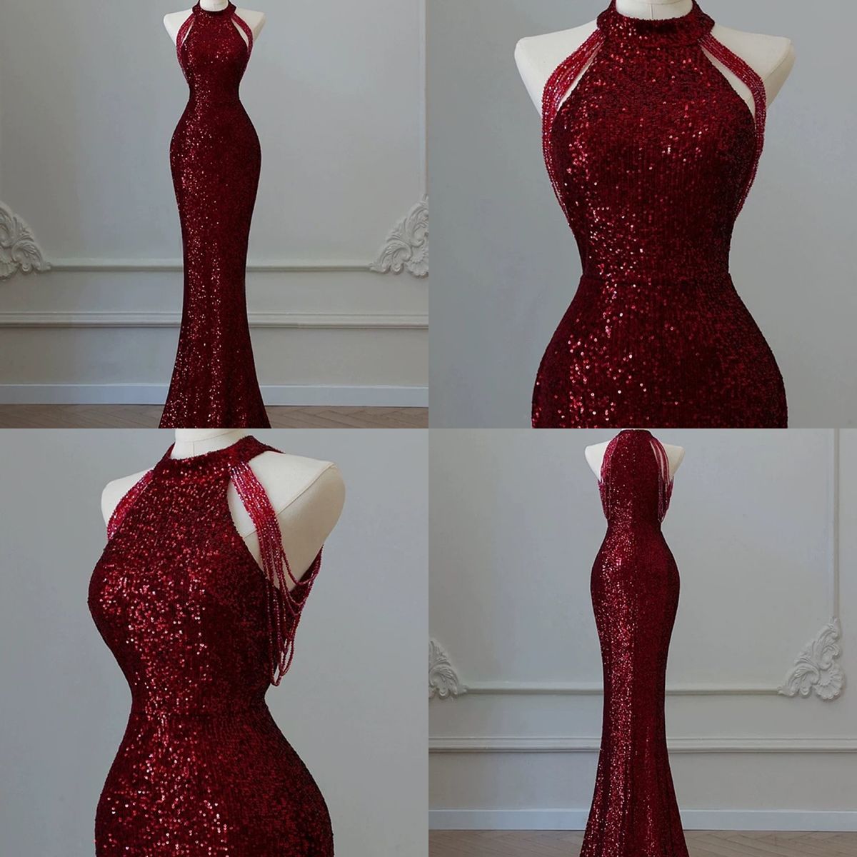 Funkelndes Pailletten-Meerjungfrauenkleid mit hohem Kragen, burgunderrot mit Pailletten und Perlen, Inspiration für Abendkleider für Damen, formelles Party- und Ballkleid AB1191