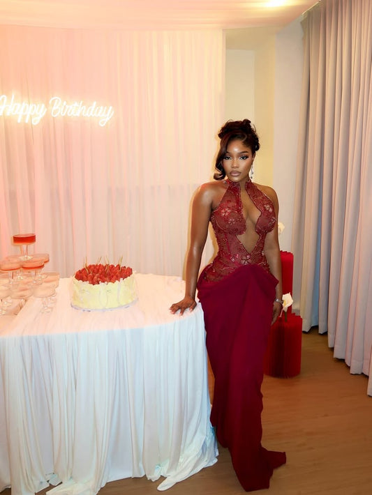 Elegant Mermaid High Neck Burgundy Chiffon Baddie Cruise Ship Formal Night Evening Dresses Long Birthday Outfits RB3803