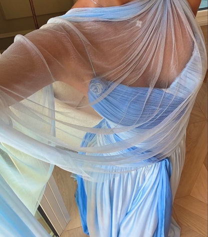 Pretty Mermaid Spaghetti Straps Multi Blue Pleated Sleeveless Chiffon Long Prom Dresses Inspo Prom Gown With Scarf RB1337