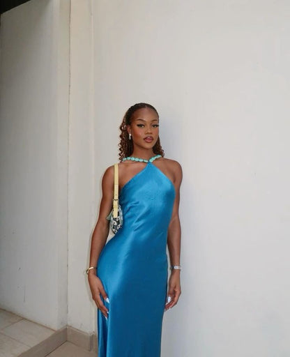 Elegante hochgeschlossene blaue Satin-Meerjungfrauen-Abendkleider für Damen N4182