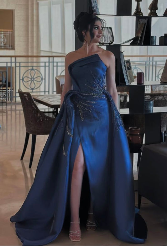 Robe de bal longue fourreau bleu marine sans bretelles, ornée de perles appliquées et fendue, pour femme, AB170