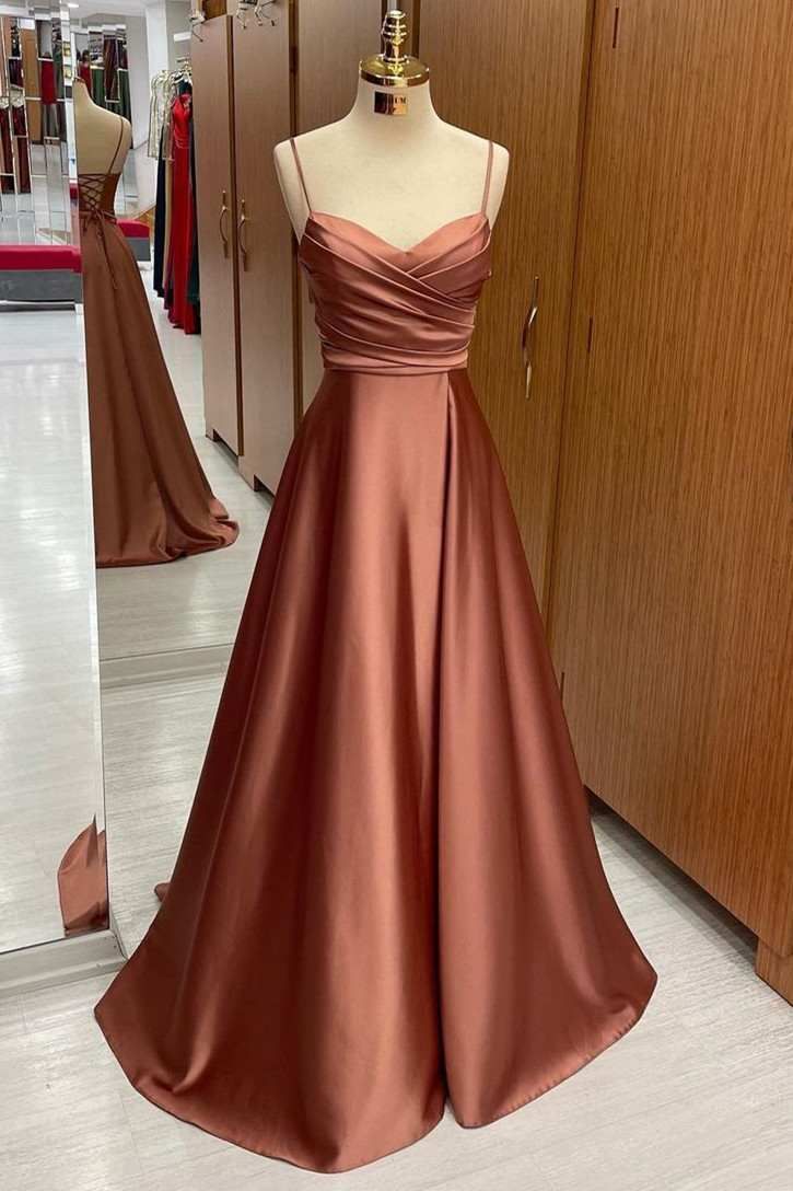 Classy Slim Long Green Satin A line Prom Dress With Straps AB135
