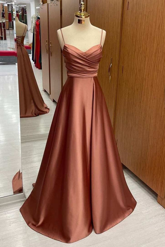 Elegantes, schmal geschnittenes, langes grünes Satin-Abendkleid in A-Linie mit Trägern AB135