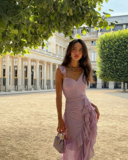 Robe de bal princesse sirène en mousseline lilas à volants et décolleté cœur AB141
