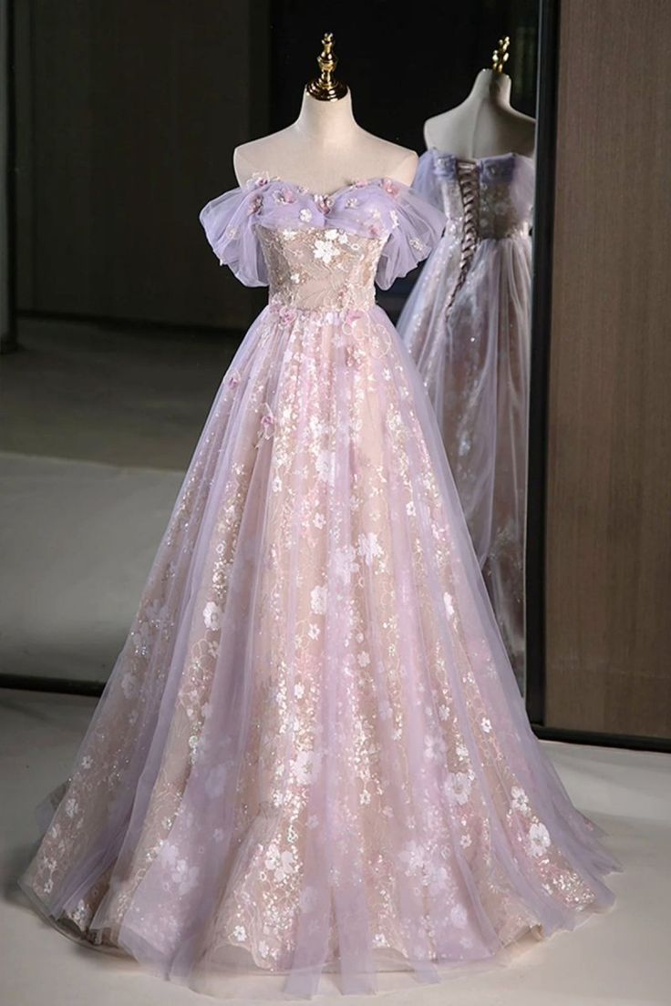 Modest Lilac Off The Shoulder Tulle A Line Prom Dress With Appliques AB133