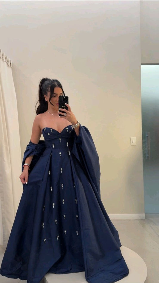Modest Tiered Ball Gown Sweetheart Navy Blue Satin Prom Dresses Long for Women Formal Evening Gown AB160