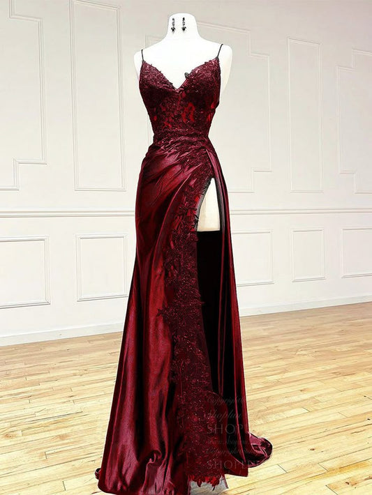 Classy Spaghetti Straps Mermaid Wine Red V Neck Satin Lace Long Prom Dresses Formal Dress AB138
