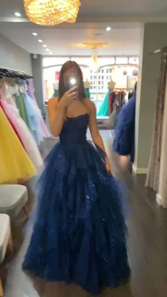 Robe de bal modeste sans bretelles, bustier en tulle bleu marine, robe de princesse AB150