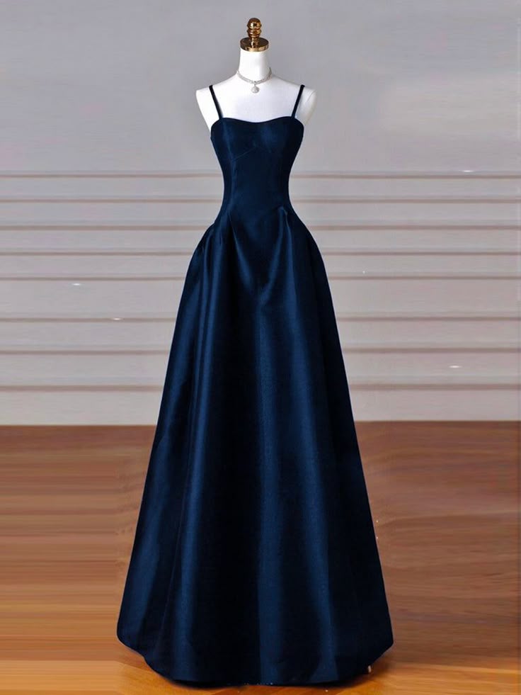 Classy Simple A-Line Dark Blue Satin Long Prom Dress, Dark Blue Long Formal Dress AB136