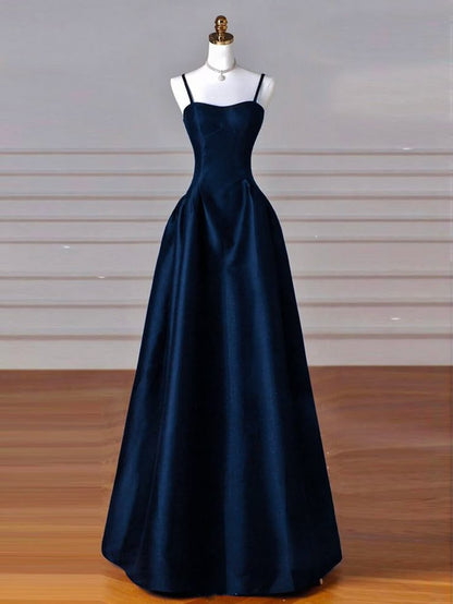 Classy Simple A-Line Dark Blue Satin Long Prom Dress, Dark Blue Long Formal Dress AB136