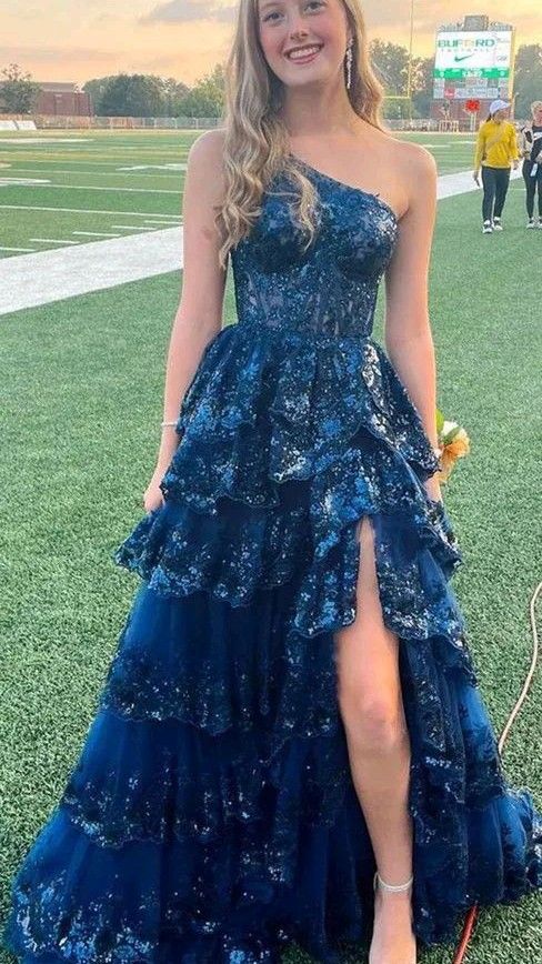 Chic Ball Gown One Shoulder Navy Blue Lace Slit Prom Dresses Long for Women Formal Evening Gown AB172