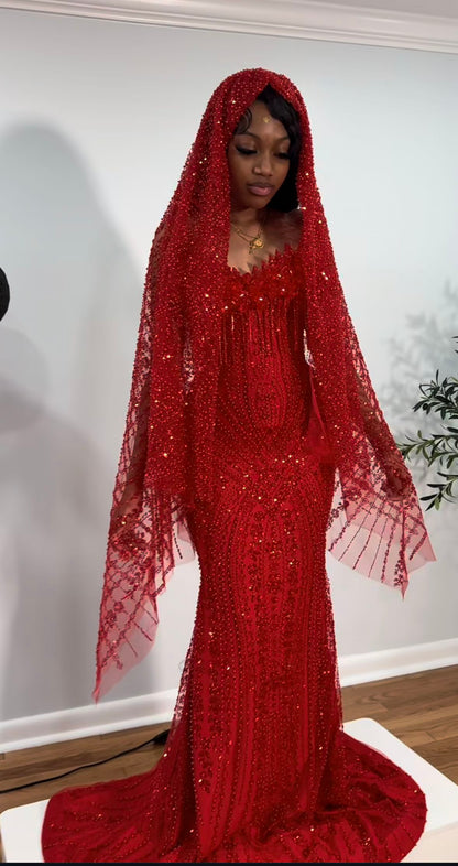 Robe de bal/mariée rouge élégante ornée de strass, épaules dénudées et dos nu scintillants, N1862