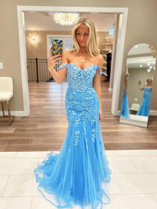 Modest Blue Off the Shoulder Tulle Mermaid Prom Dresses with Appliques AB1703
