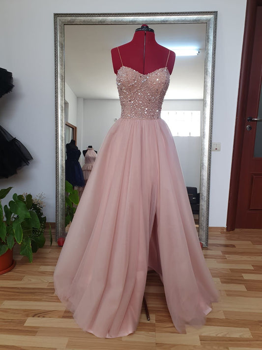 Unique A line Spaghetti Strap Pink Tulle Slit Prom Dresses With Beaded For Teens Formal Dress Party Outfits Prom Gown N037