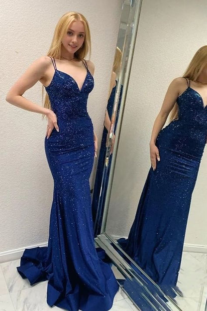 Funkelndes, marineblaues, perlenbesetztes, rückenfreies Meerjungfrauen-Abendkleid AB1704
