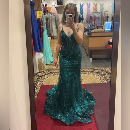 Dream Mermaid Spaghetti Straps Dark Green Sequin Long Prom Dresses Inspiration Party Dress Prom Gown RB1419