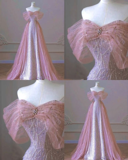 Magnifique robe de bal rose à sequins, coupe trapèze, épaules dénudées, inspiration robe de princesse pour remise de diplôme AB004