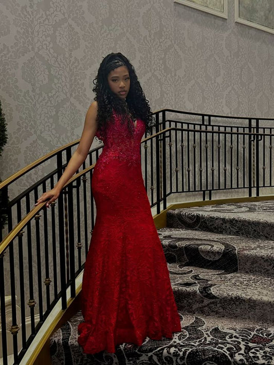 Elegantes Meerjungfrauen-Kleid mit Spaghettiträgern aus roter Spitze – Inspiration für schwarze Frauen und Mädchen – formelle Partykleider, lange Ballkleider N136