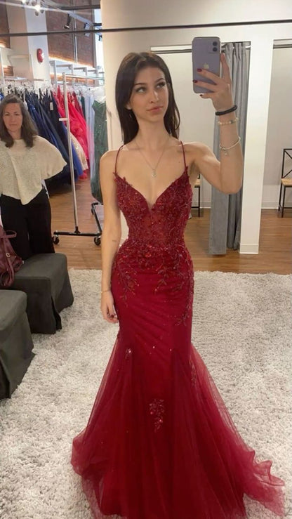 Robe de bal sirène bordeaux à bretelles spaghetti et dentelle en tulle, robe de princesse inspirée pour remise de diplômes, B337