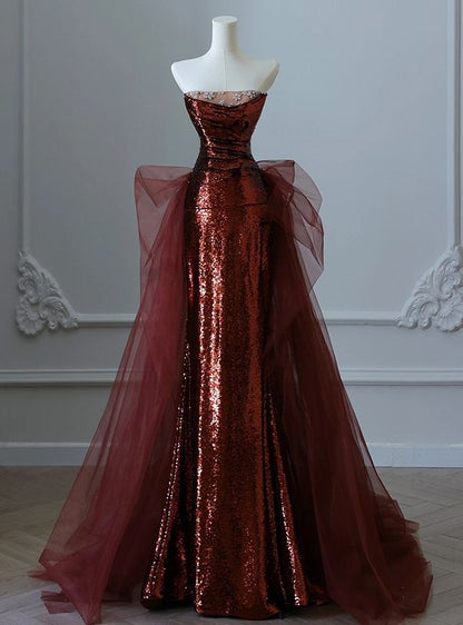 Robe de bal sirène bordeaux à sequins et tulle bustier - Inspiration robes de bal AB127