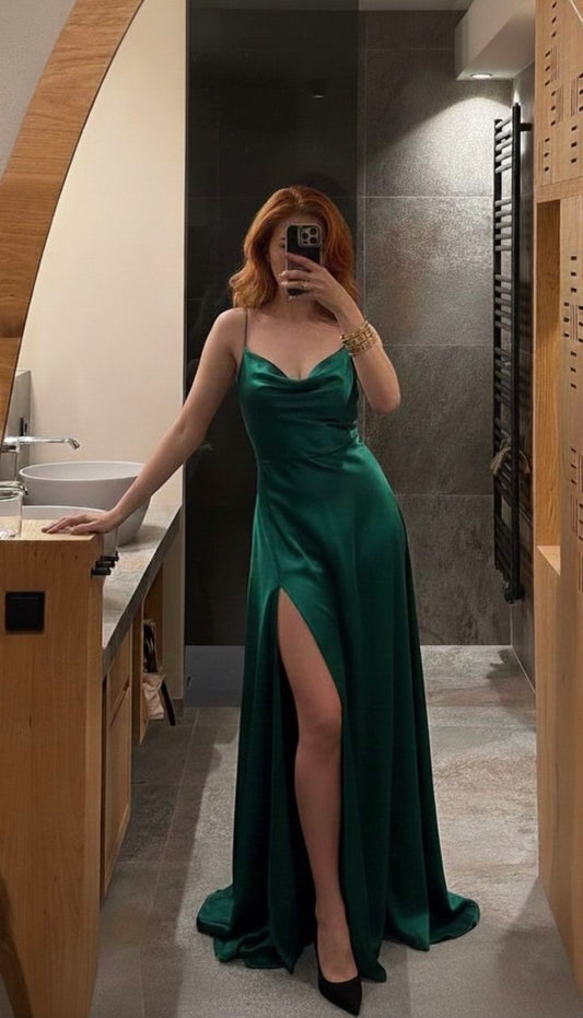 Simple A line Spaghetti Straps Satin Long With High Split Emerald Green Prom Dresses Wedding Guest Dress N265
