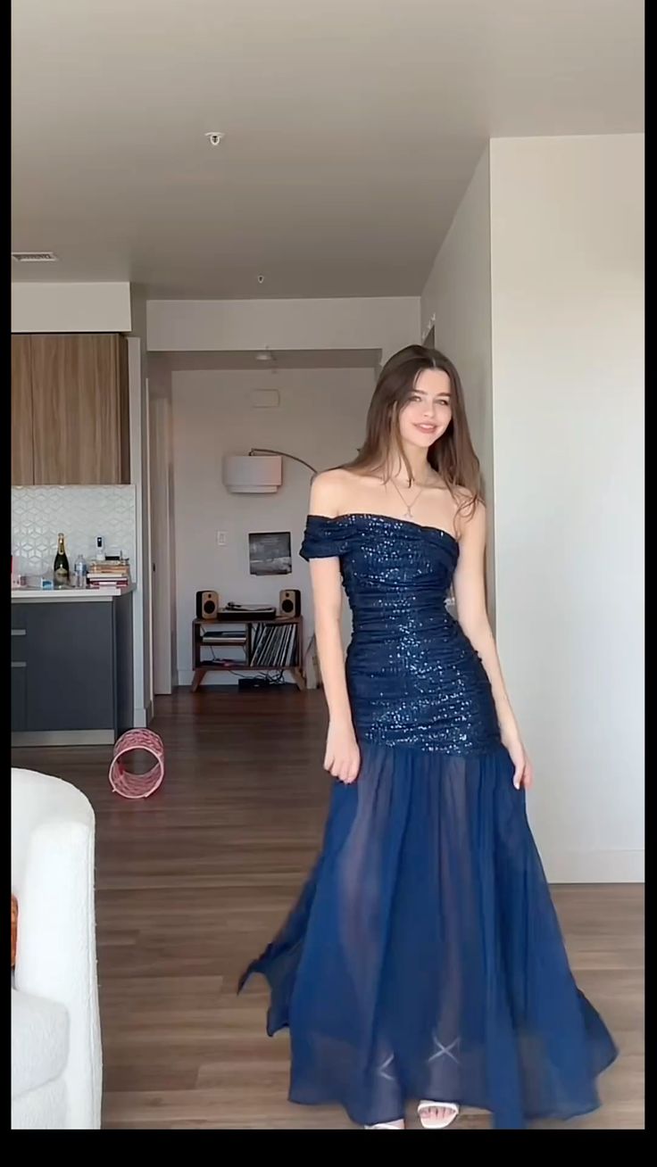 Robe de bal longue bleu marine sirène à paillettes, robe de soirée formelle à paillettes AB1599