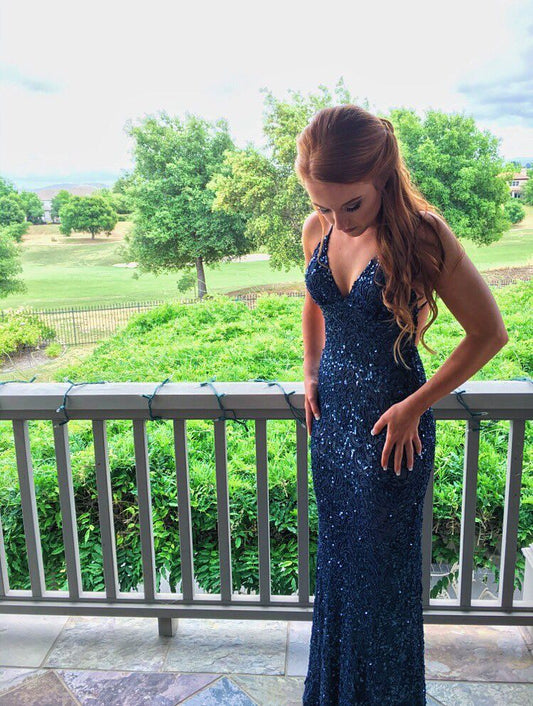 Sparkly Navy Beaded Mermaid Backless Long Prom Dress With Sequins AB1597