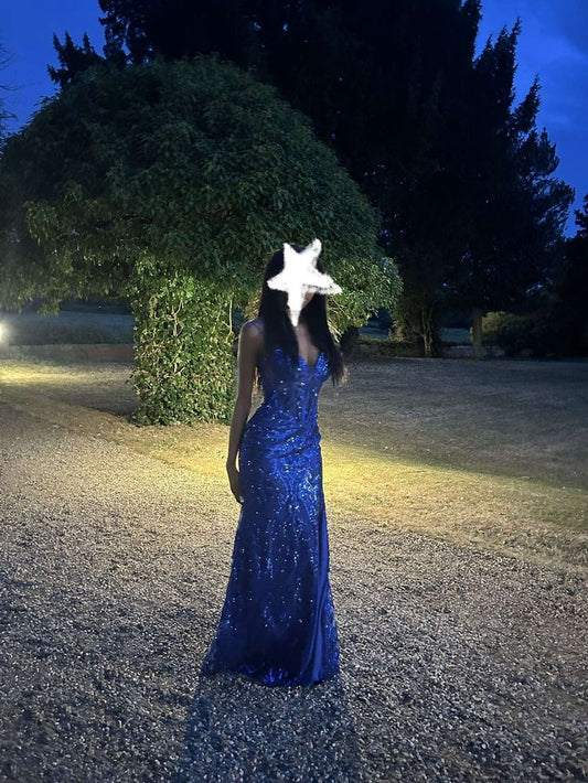 Sparkly Beaded Mermaid Backless Royal Blue Long Prom Dress With Sequins AB1598