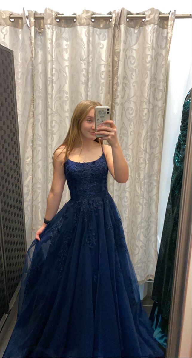 Modest A line Spaghetti Straps Lace Long Formal Prom Floral Applique Evening Dress AB1600