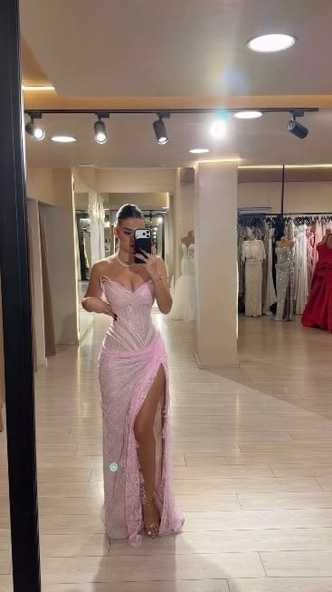 Sexy Meerjungfrauen-Kleid, trägerlos, rosa Spitze mit Schlitz, langes Abendkleid mit Falten, Partykleid N350