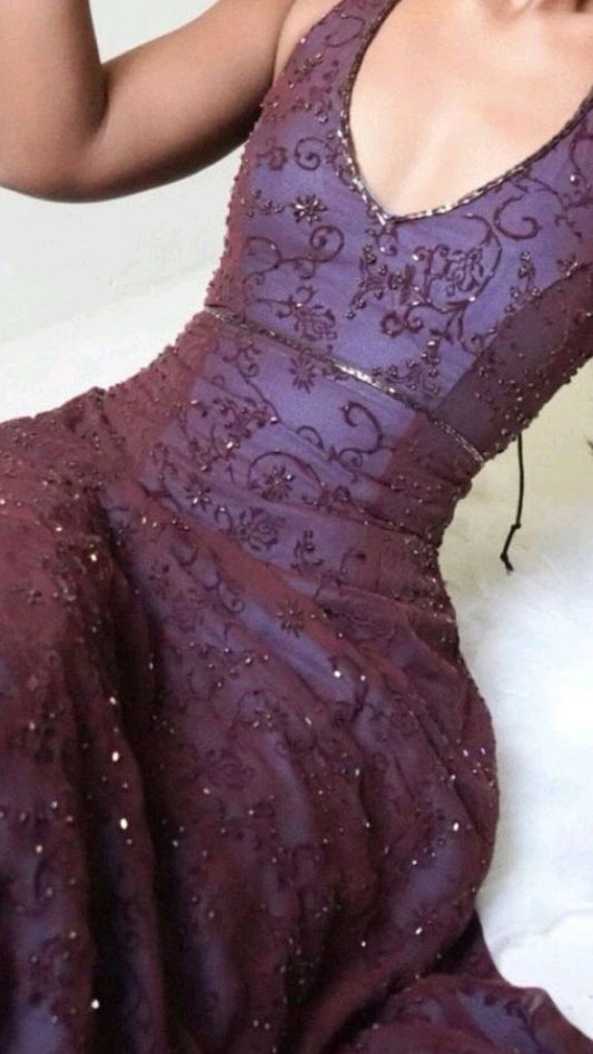Vintage Mermaid Purple Lace Halter Prom Dresses Long Evening Party Dress Prom Gowns AB326