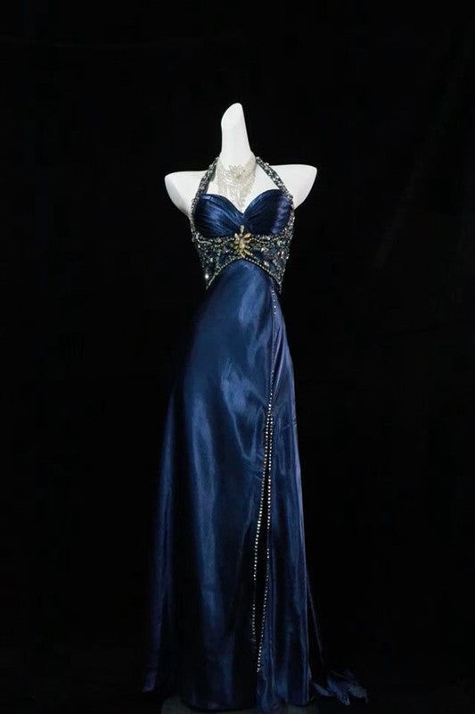 Luxury Mermaid Navy Blue Beaded Slit Evening Dress Formal Prom Dress For Party Gown AB328