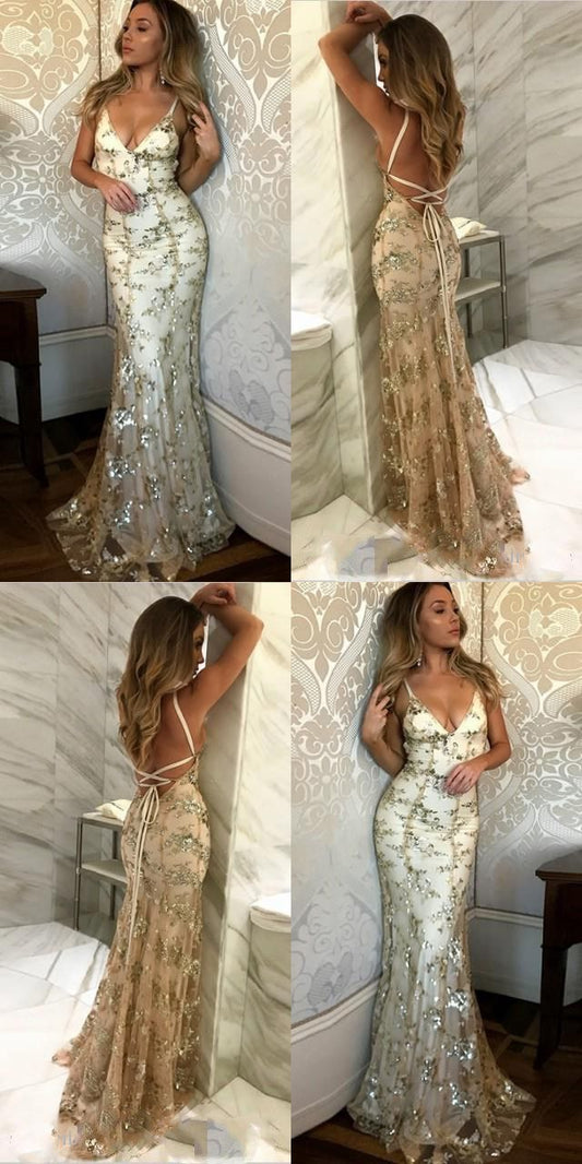 Mermaid Long Prom Dresses,Cross Back Evening Dress Gold Lace Party Dress Prom Gowns AB324