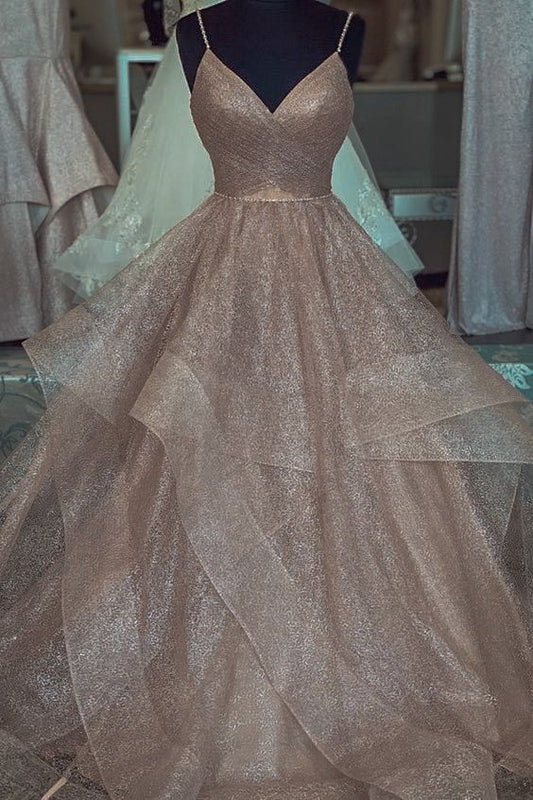 Modest Ball Gown Spaghetti Strap Champagne Tulle Prom Dress Aesthetic Long Graduation Dance Evening Outfits N050