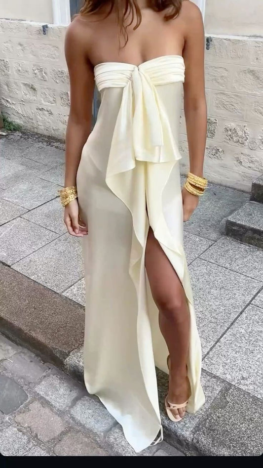 Modest A Line Strapless Slit Long Evening Summer Beach Black Tie Prom Dresses Spring Wedding Guest Dress N1395