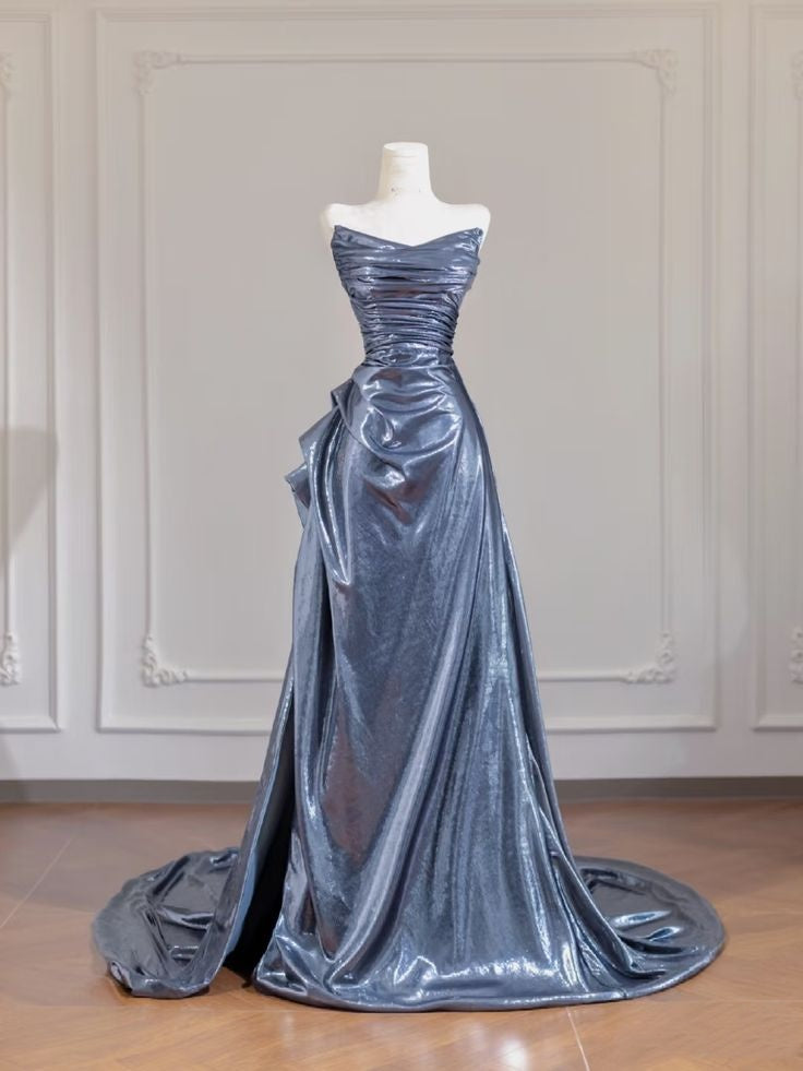 Robe de bal de fin d'année modeste pour lycéennes - Inspiration sirène - Robe longue semi-formelle en satin gris avec décolleté cœur pour adolescentes AB2008