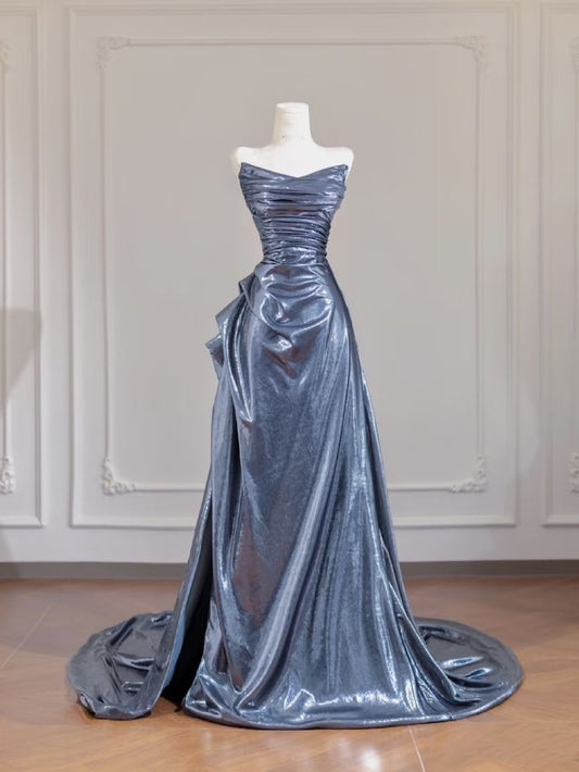 Elegante, schlichte Abschlussballkleider für Teenager: Meerjungfrauen-Ausschnitt, herzförmiges Design, langes, halbformelles Satinkleid in Grau (AB2008)