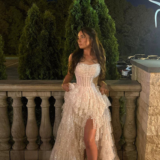 Unique Ball Gown Spaghetti Straps Prom Dress Blush Pink Tulle Lace Formal Long Tiered Evening Party Gowns Vestidos De Dia AB552