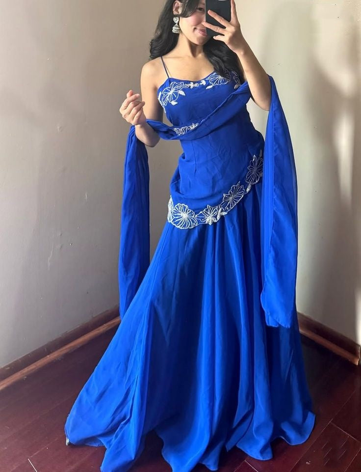 Magnifique Robe Longue de Soirée en Mousseline Bleu Royal sans Manches à Bretelles Fines, Robe de Bal N2548