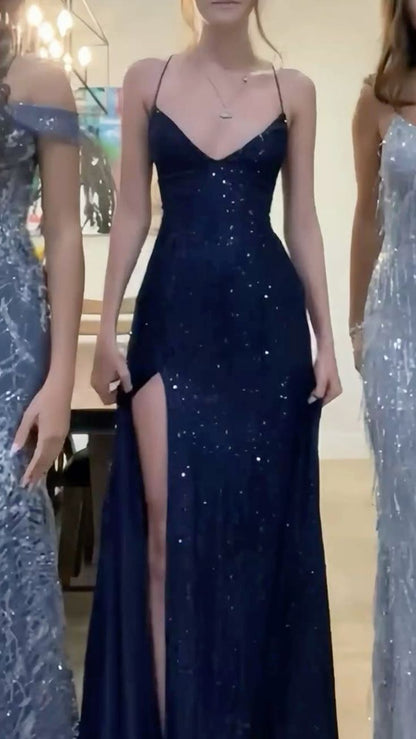 Robe de bal longue sirène bleu marine sexy à col en V et lacets avec fente AB640