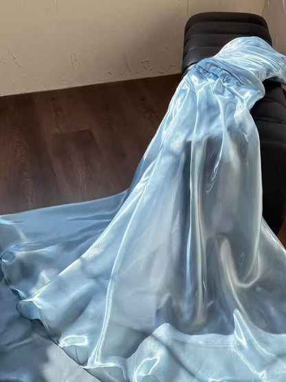 Hellblaues, trägerloses, plissiertes Ballkleid, Abendkleid, formelles, halbformelles, langes Abschlussballkleid für Teenager AB1993