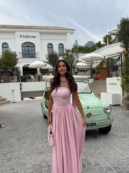 Einfaches, trägerloses, langes Abendkleid aus rosa Chiffon in A-Linie mit Schal und Raffungen, ideal für Abschlussball, Hochzeit oder als Hochzeitsgast (Modell N270).