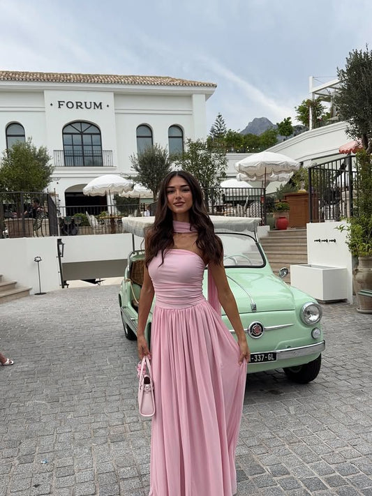 Simple A line Strapless Pink Chiffon With Scarf Ruched Long Evening Prom Dresses Wedding Guest Dress N270