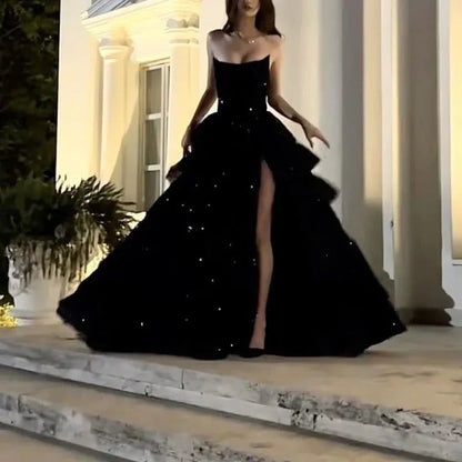 Gorgeous A Line Strapless Sleeveless Lace Up Floor-Length Black Slit Prom Dresses Vestidos Evening Gowns AB487