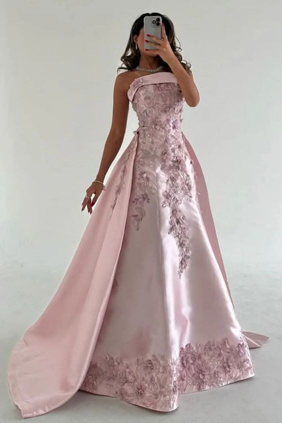 Robe de soirée élégante rose pour femme, coupe trapèze, sans bretelles, en satin, ornée d'appliques et d'une traîne amovible (AB498)