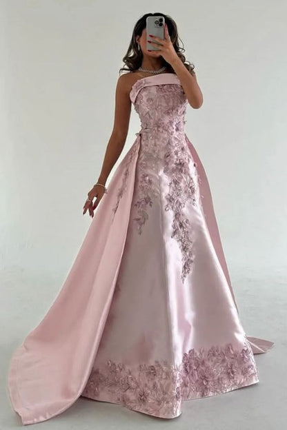 Robe de soirée élégante rose pour femme, coupe trapèze, sans bretelles, en satin, ornée d'appliques et d'une traîne amovible (AB498)