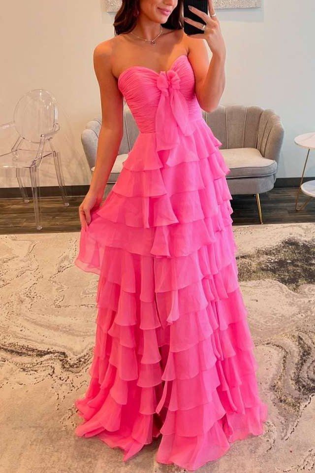 Chiffon Fuchsia Sweetheart Tiered Ruffles Prom Dress with Multi Layers A line 2026 Formal Evening Gowns AB507