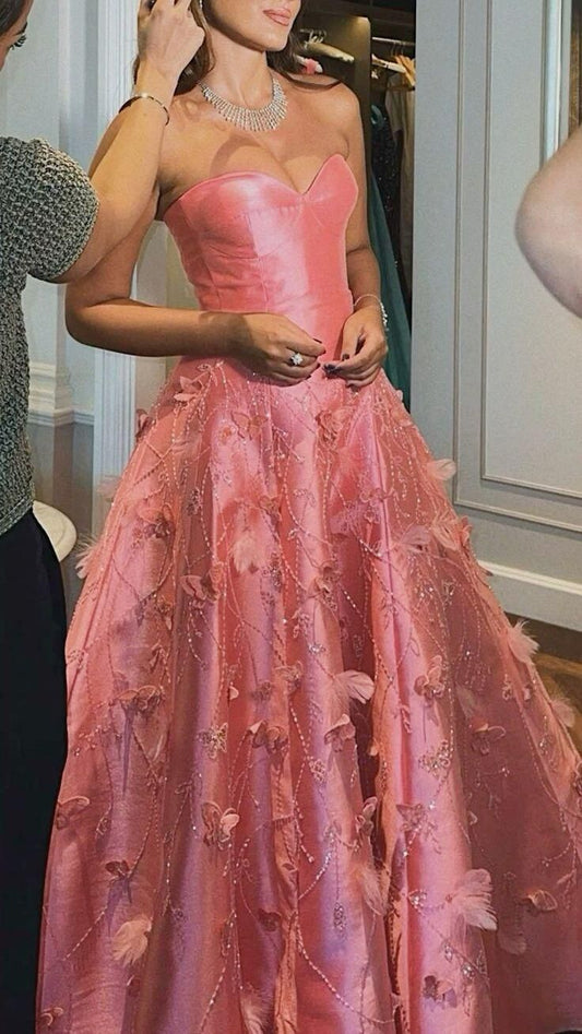 Pink Sweetheart A-Line Satin Beading Floral Long Prom Dress Birthday Outfits Party Dress Formal Vestidos De Dia AB490