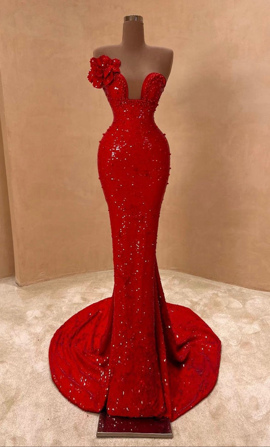 Funkelndes Meerjungfrauen-Kleid mit roten Pailletten für schwarze Mädchen und Frauen – formelle Partykleider, lange Ballkleider N139
